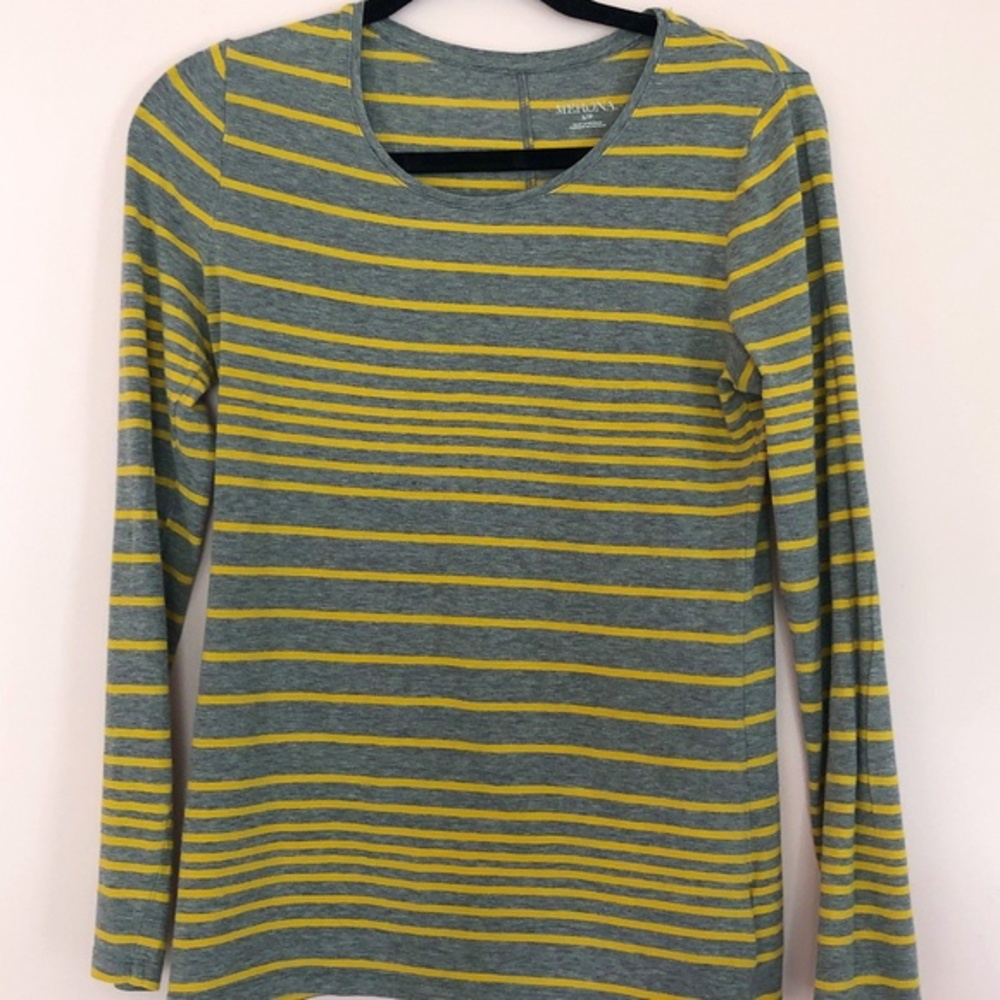 Grey & Yellow Long Sleeved Striped Scoop Neck T-shirt